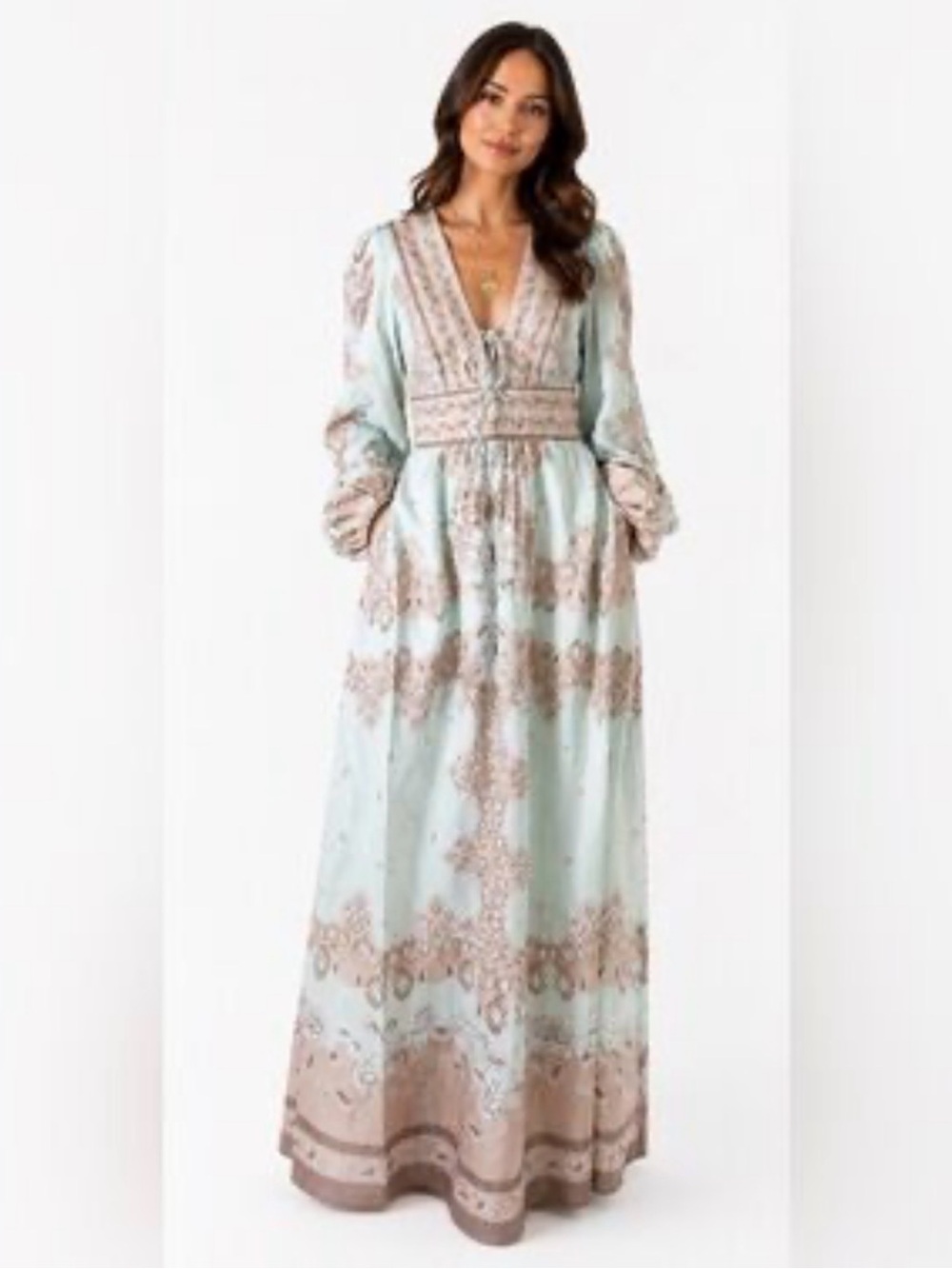 House of Harlow 1960 Light Blue & Beige Printed Boho Maxi Dress
